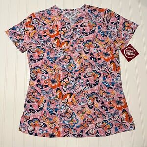 JDM Divine Stretch Butterfly Scrub Top Pink Size S NWT